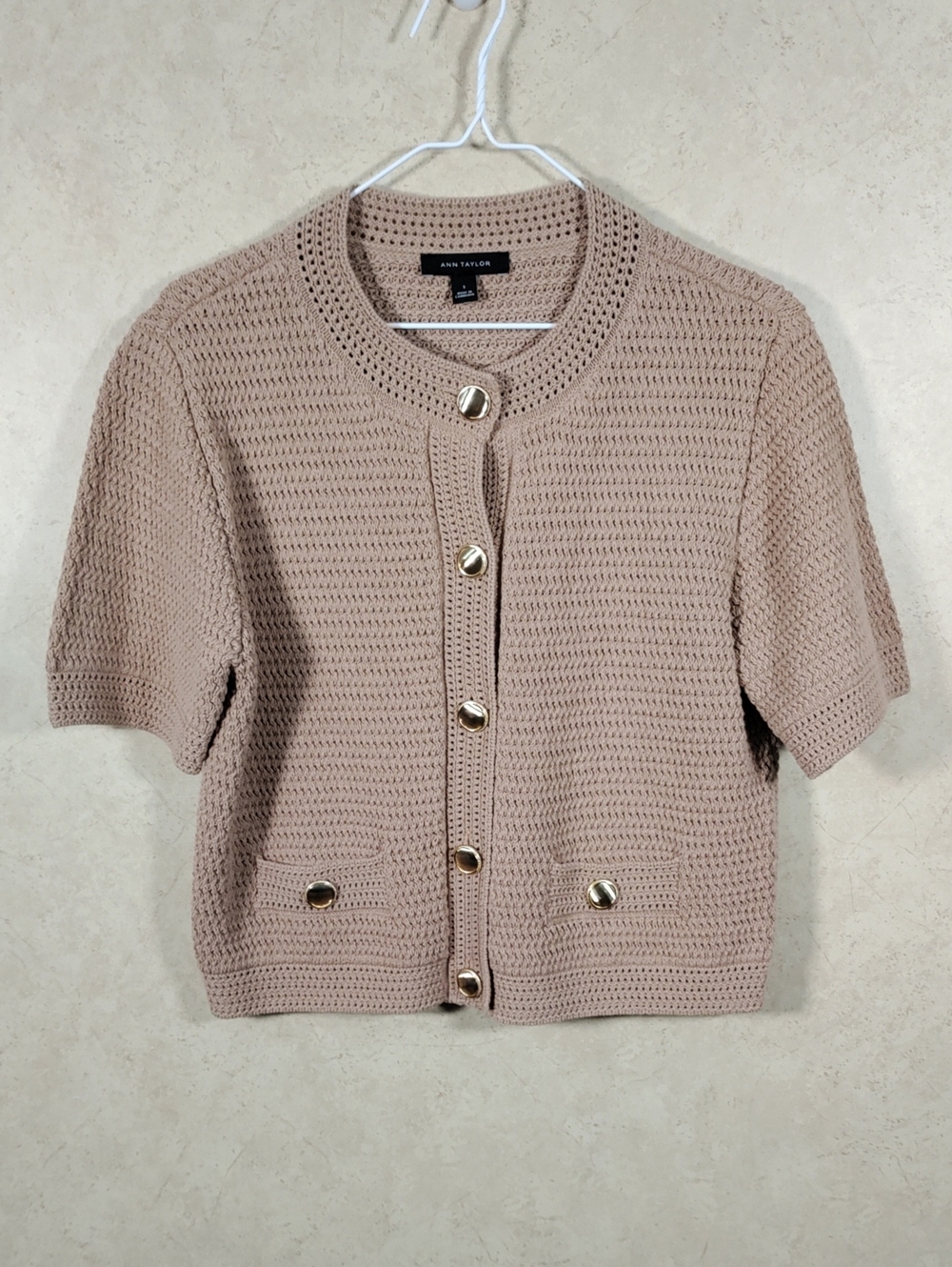 H137 Ann Taylor Tan Cotton Short-Sleeve Knit Cardigan